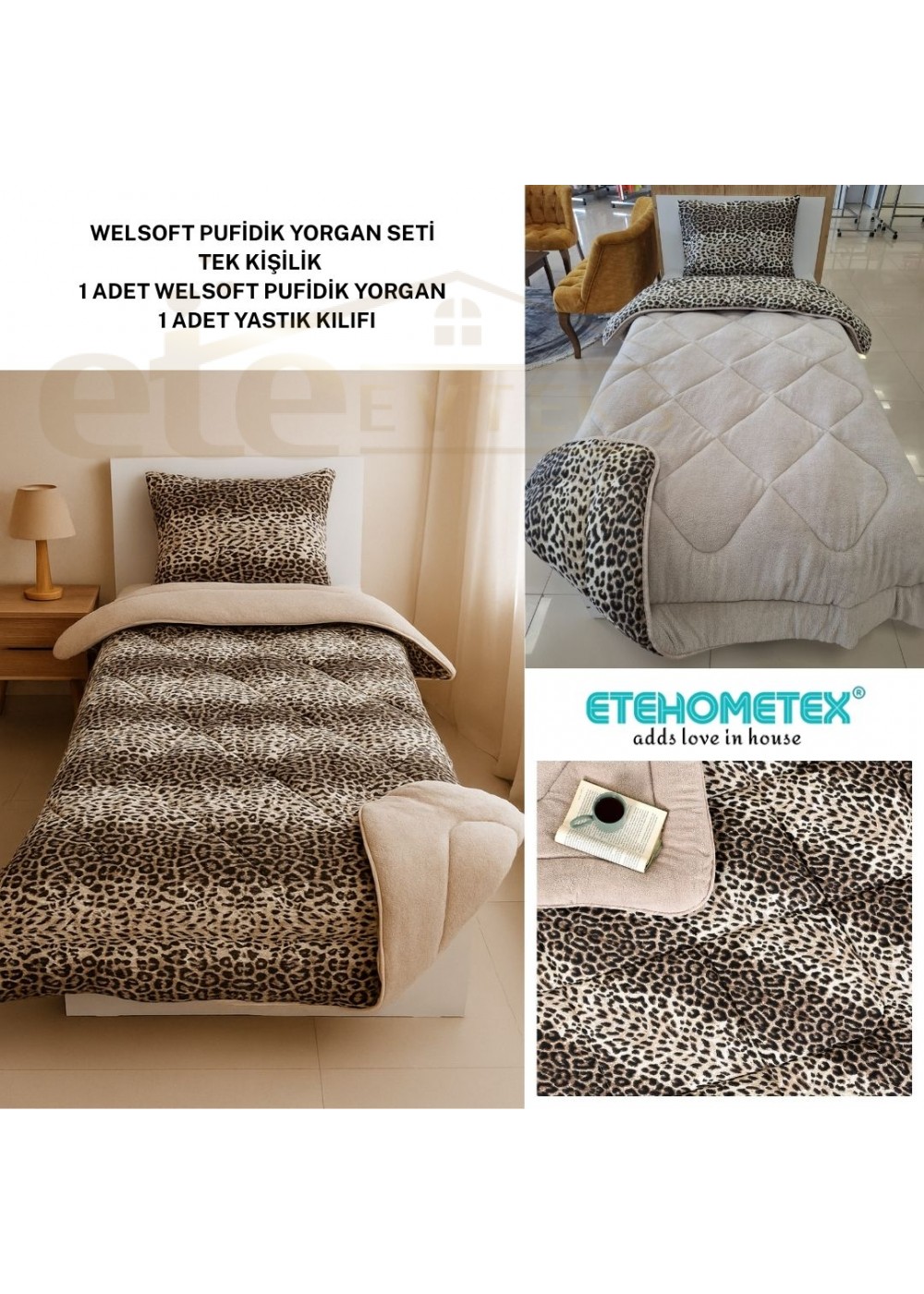 ETE HOMETEX TEK KİŞİLİK LÜX WELSOFT YORGAN SETİ LEOPAR BEJ 155X215CM 8696474231961